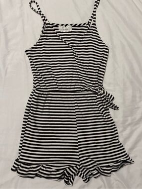 Sadie & Sage Black and White Striped Girls Waist Tie Romper